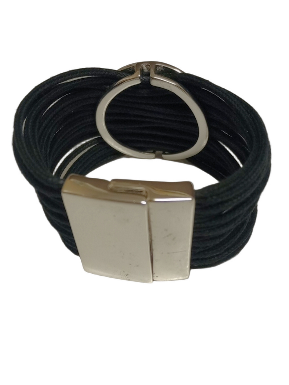 MANDALA ENGRAVED SILVER TONE MULTI STRINGS BLACK CHUNKY CLASP ZEN BRACELET - Picture 3 of 7